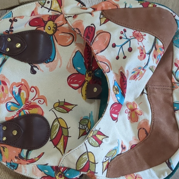 Lucky Brand Purse Boho Bag Floral Bird Butterfly Cotton LeatherSuede Trim Hippie - Picture 10 of 11